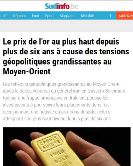 Le prix de l’or au plus haut depuis plus de six ans à cause des tensions géopolitiques grandissantes au Moyen-Orient